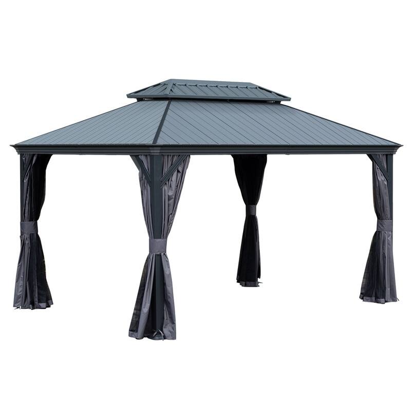 Domi 10x14FT Resin Hardtop Gazebo with Drainage Gutter, 2025 Upgraded Outdoor Metal Gazebo Canopy with Double Roof - 10'×14'