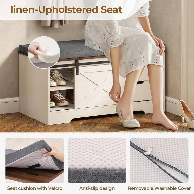 Storage Bench with Cushion Adjustable Shelf Shoe Rack Cabinet