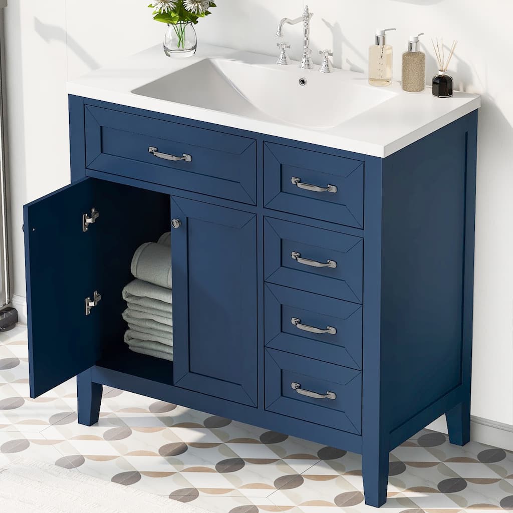36" Blue Bathroom Vanity with Undermount Sink, Freestanding Design, Solid Rubber Wood & MDF Cabinet
