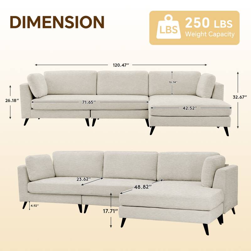 120" 3 Seater Chenille Upholstered Modular Sectional Sofa With Chaise Lounge