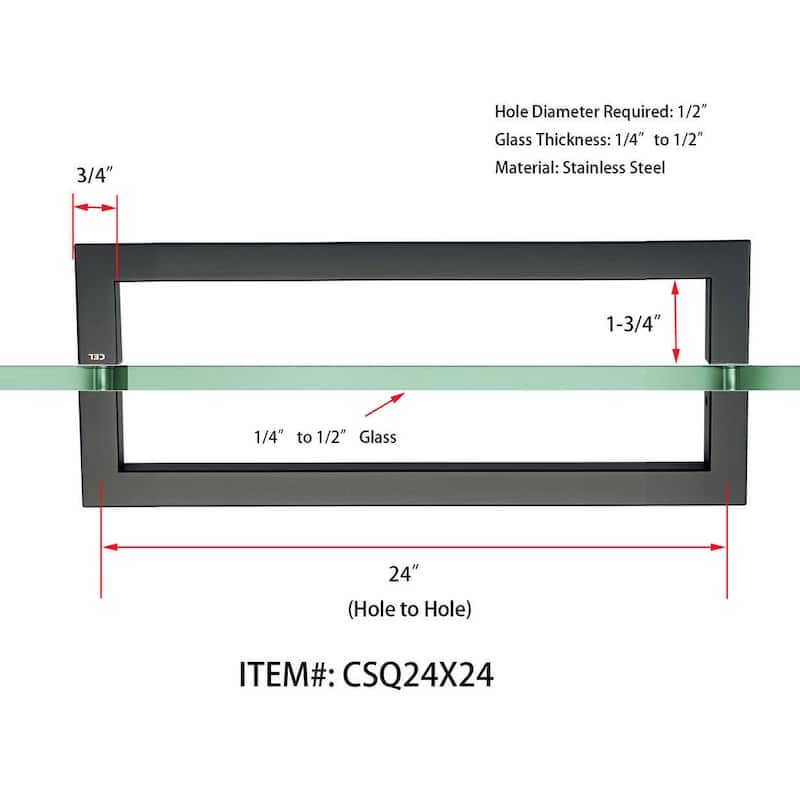 CEL 24" x 24" Square Tubing Back-to-Back Pull Handle / Towel Bar for shower door