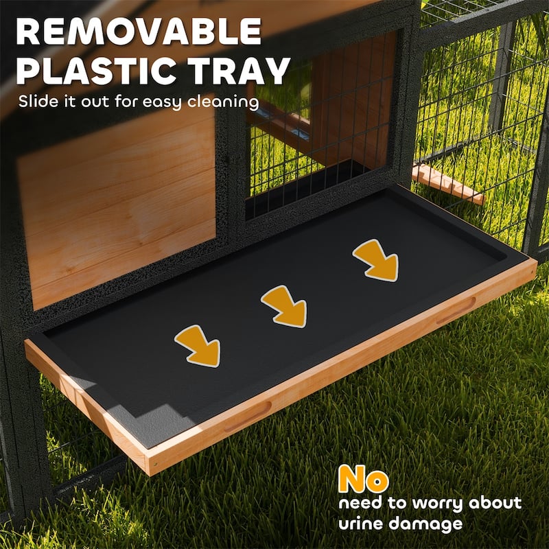 Large Wooden Bunny Hutch with Steel Run Box and Weather-Resistant Roof Multiple Doors - 85.4" W x 20.9" D x 33.9" H