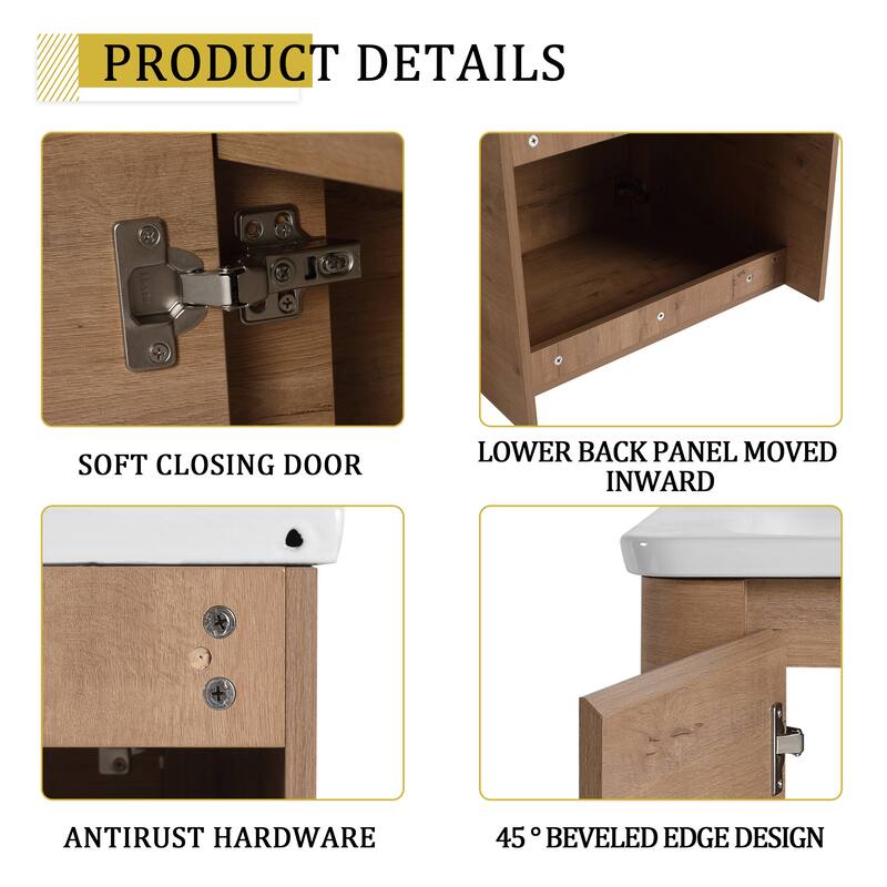 24'' Wall-Mounted Bathroom Vanity with White Ceramic Sink & 1-Soft-Close Door, KD-Packing, Plywood