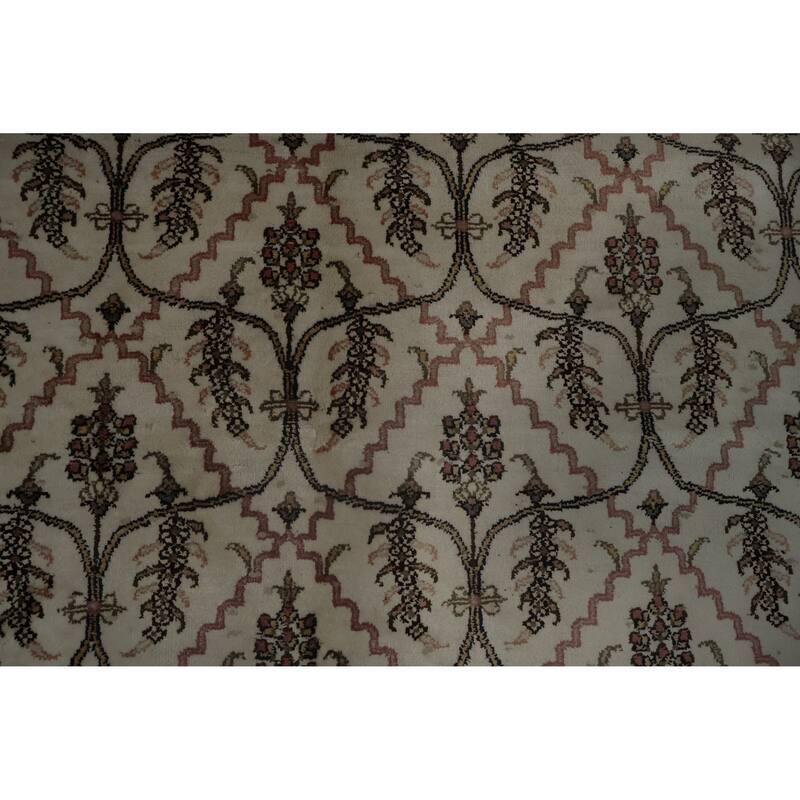 Hand Knotted Oriental Silk Carpet Traditional Floral Beige & Ivories Kashmir Area Rug - 8' 11'' X 6' 1''