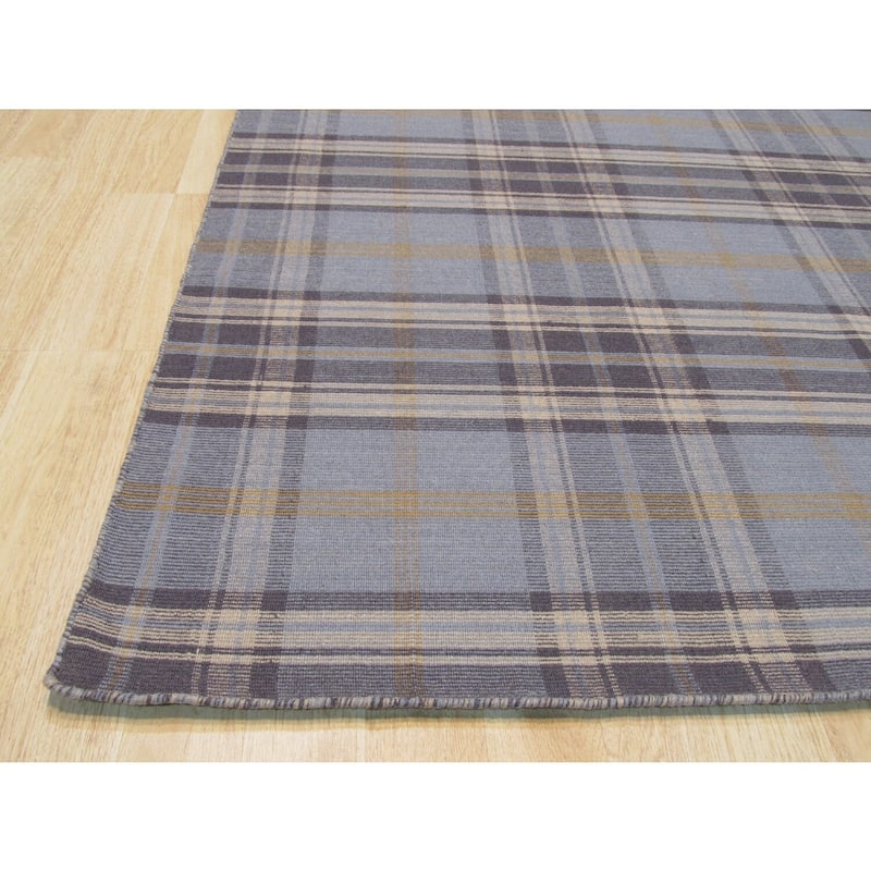 Blue Handmade Wool Transitional Plaid Rug, 10' x 14', Plush Soft Statement Design - L