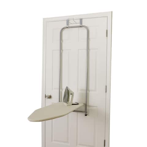 Household Essentials Over The Door Small Ironing Board With Iron Holder Natural Cotton Cover