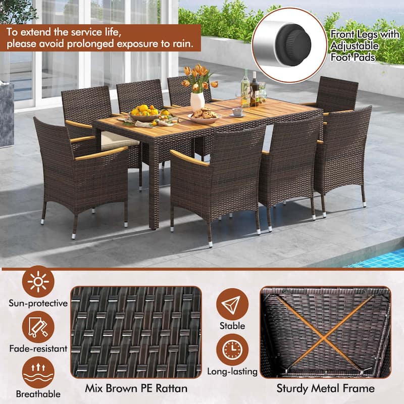 9 PCS Patio PE Wicker Dining Set Outdoor Acacia Wood Table &Chairs Set