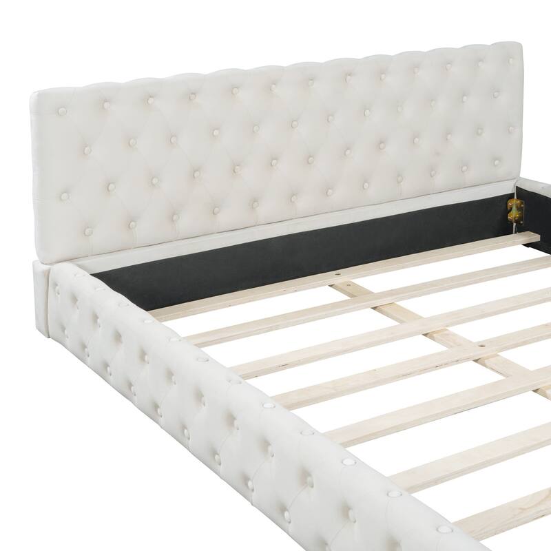 HomeRoots Beige Tufted Velvet Upholstered Queen Bed Frame