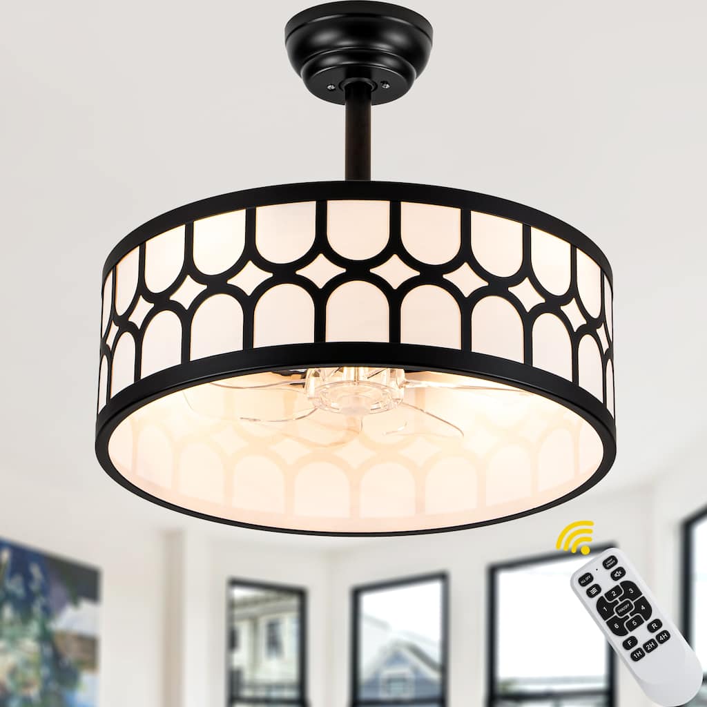 Bella Depot 20" Modern Black Drrum Ceiling Fan with Light and Remote 6-speed Reversible DC Motor for Small Room.
