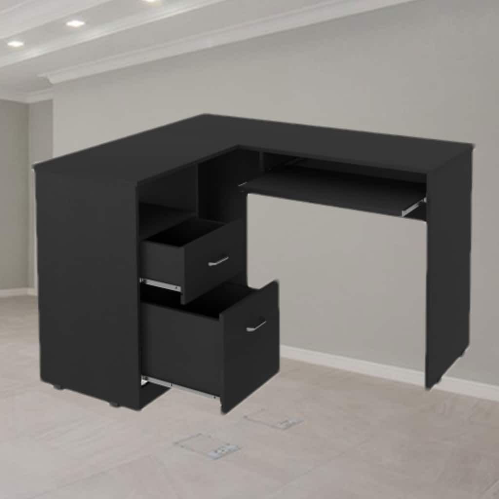 Modern L-Shaped Desk with Retractable Keyboard Tray, Sleek Metal Handles, and Sturdy Particle Board Design for Office Use