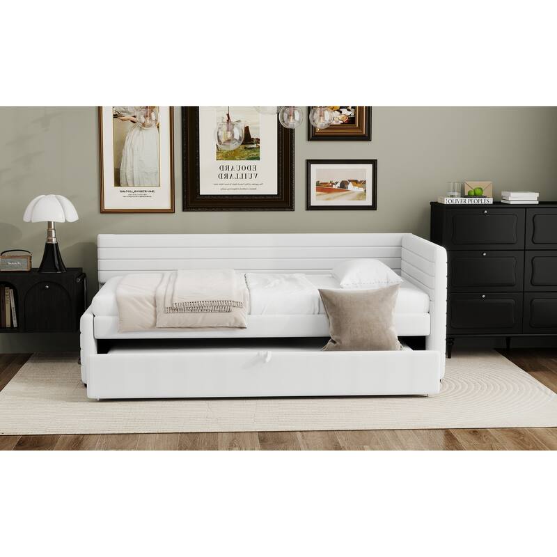 Twin Size Upholstered Daybed with Roll-Out Trundle, Space-Saving Wooden Frame, No Box Spring Needed