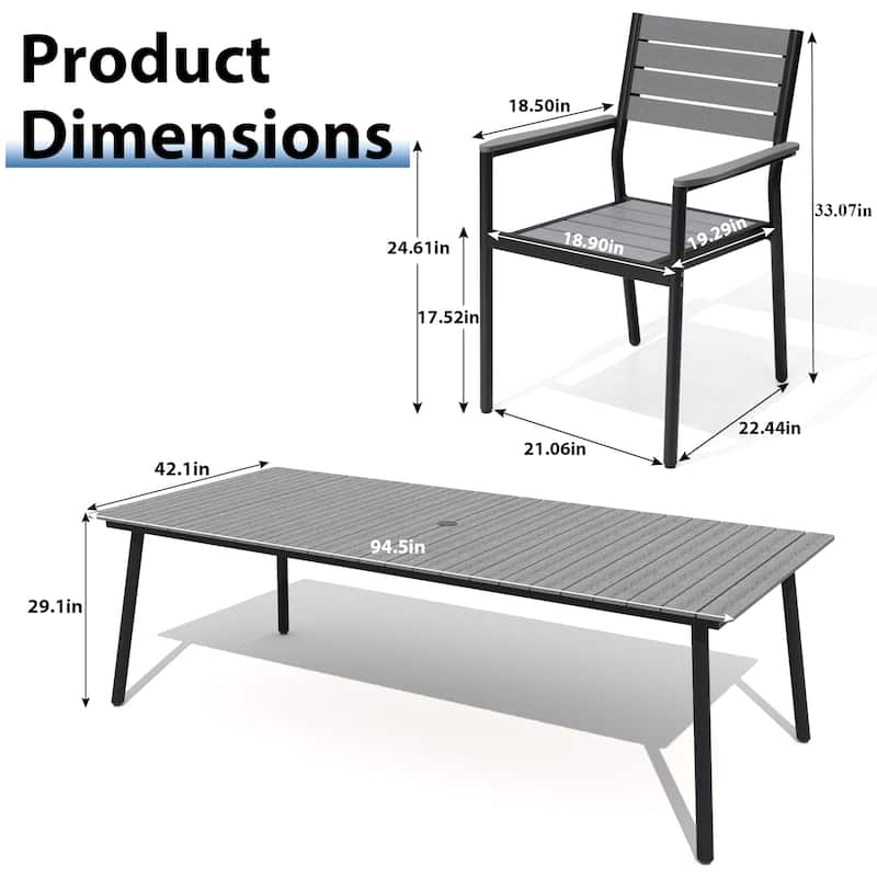 7/9-piece Outdoor Aluminum Rectangle Patio Dining Table with Umbrella Hole and Chairs