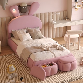 Twin Size Cartoon Velvet Upholstered Platform Bed for Girl, Pink