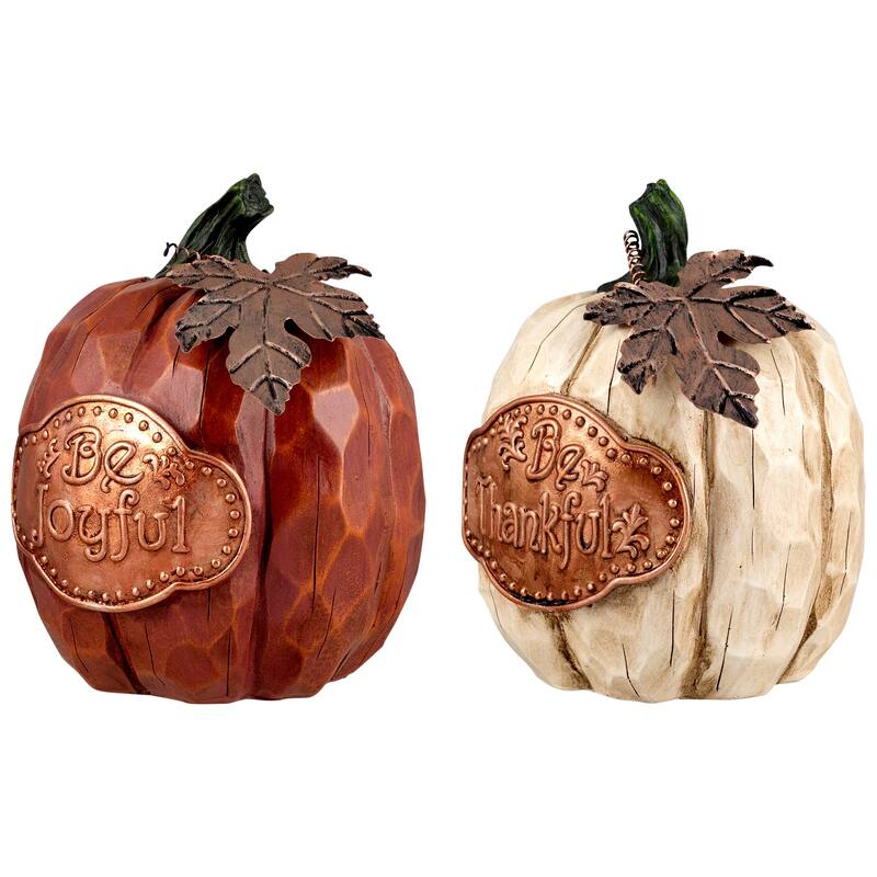 Fall Harvest "Be Joyful" "Be Thankful" Pumpkin Decorations - 7.75" - Set of 2