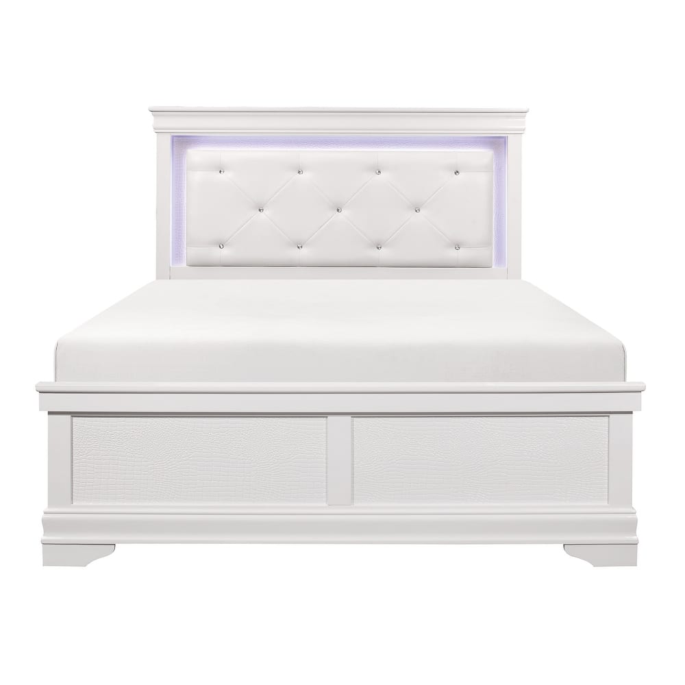 Glam Bedroom Furniture Set White Finish LED Upholstered Bed
