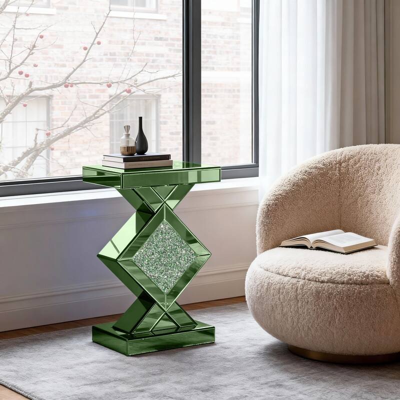 23" Tall Mirrored Glass Pedestal End Table With Crystal Inlay