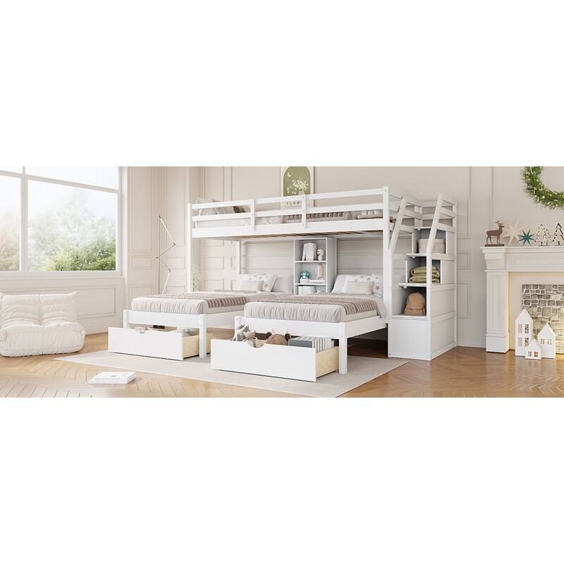 Roomfitters Twin Over Twin and Twin Triple Bunk Bed with Drawers and Storage Shelves