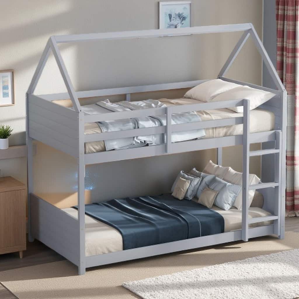 Twin House-Style Bunk Bed with Solid Wood Frame, Low Design, Ladder & Safety Rails for Children