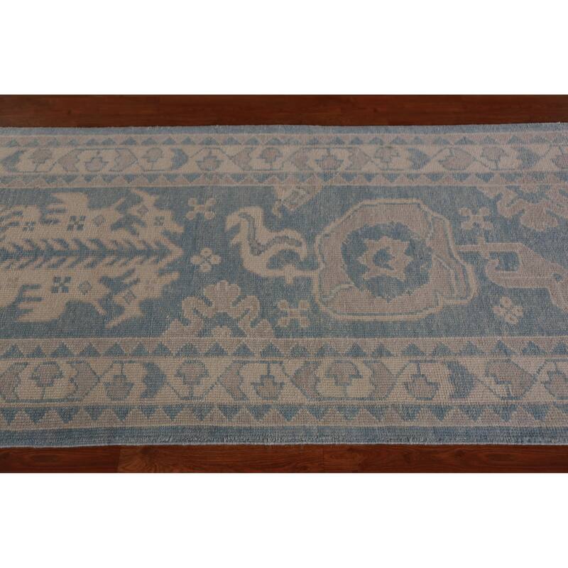 Hand Knotted Oriental 100% Wool Carpet Transitional Geometric Navy Blue & Blues Oushak Runner Rug - 18' 10'' X 3' 5''
