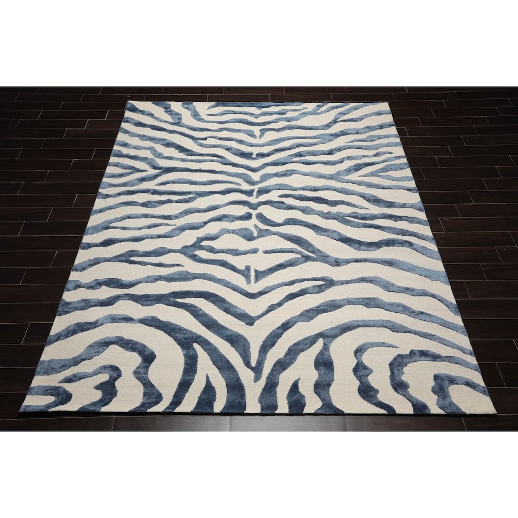 Hand Made Wool Silk Animal Print Oriental Area Rug Blue Color
