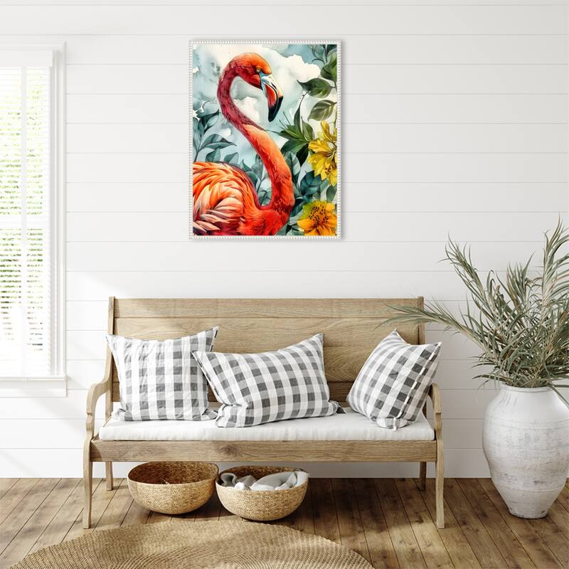 Flamingo in Flowers by Justyna Jaszke Framed Canvas Wall Art