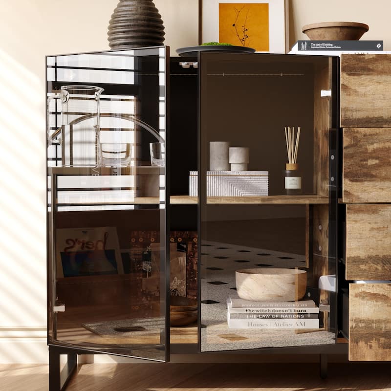 Bookshelves Sideboard Cabinet with Glass Doors and Rustic Wood Drawers 63" Credenza Storage Cabinet