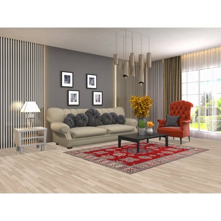 Red Geometric Kazak Area Rug Handmade Bedroom Wool Carpet - 5'0" x 6'9"