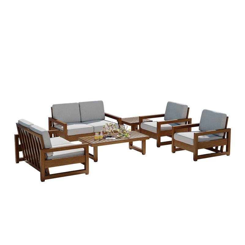 7-Piece Outdoor Teak Wood Conversation Set with Loveseat, Chairs and Tables