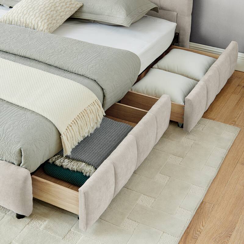 Block Thick Chenille Low Profile Platform Bed Fabric Upholstered Bedframe with Headboard Solid Wood Frame - Optional Storage Bed