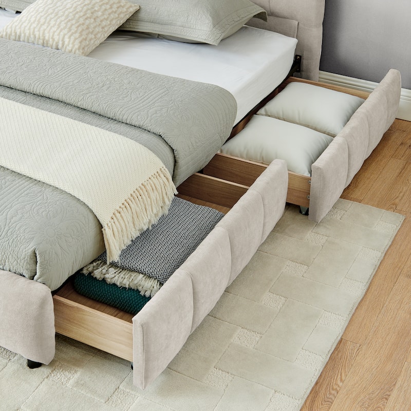 Modern Beige California King Upholstered Bed with Storage Drawers and Chenille Fabric Headboard