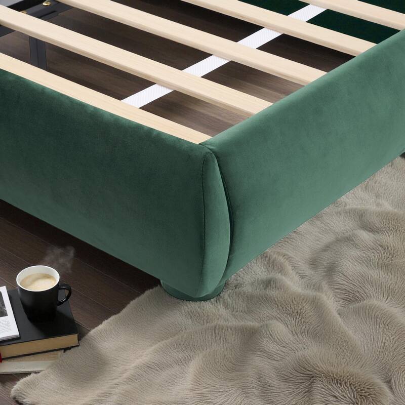 Modern Fabric Upholstered Bed with Curved Headboard, Strong Metal Frame, Queen/King Size Platform Bed