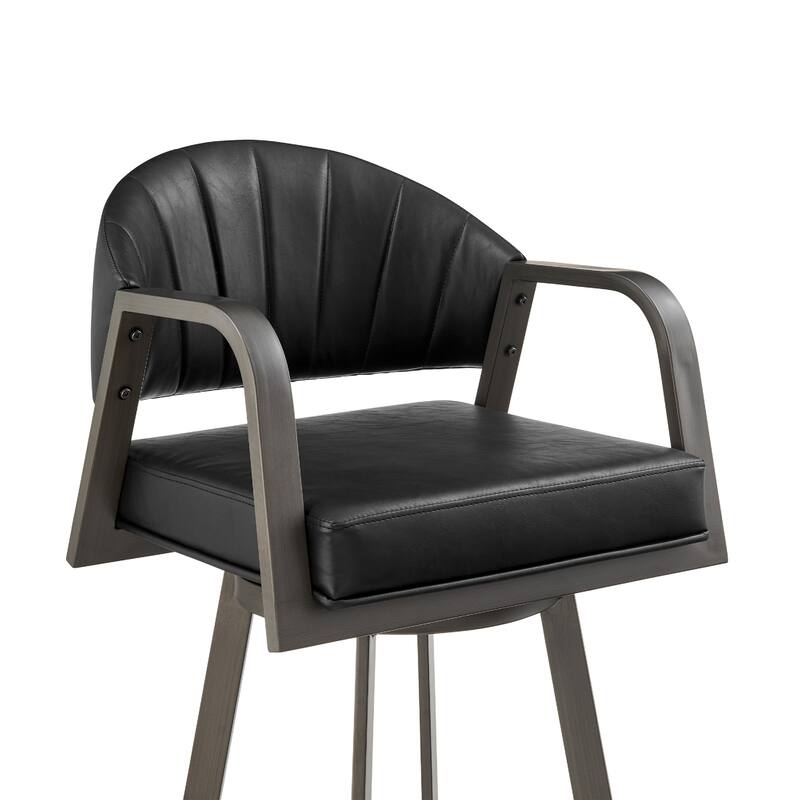 Marcy Swivel Barstool Chair, Iron Frame, Black Channel Tufted Faux Leather