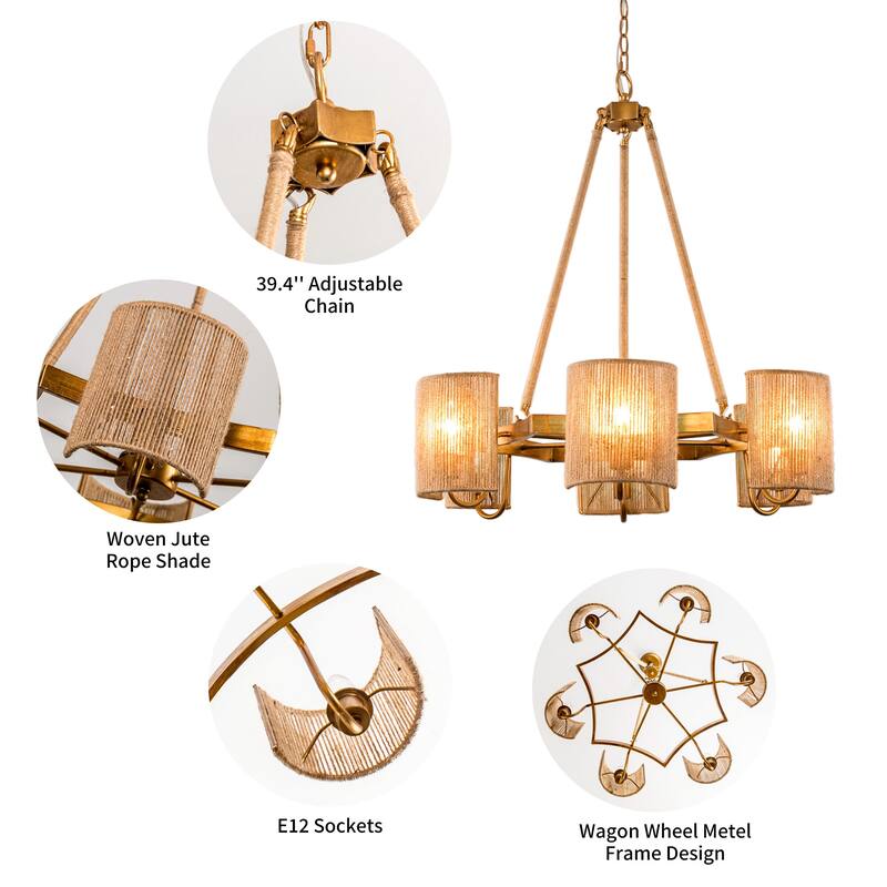 6-Light Bohemian Natural Jute Rope Woven Chandelier Pendent Ceiling Light