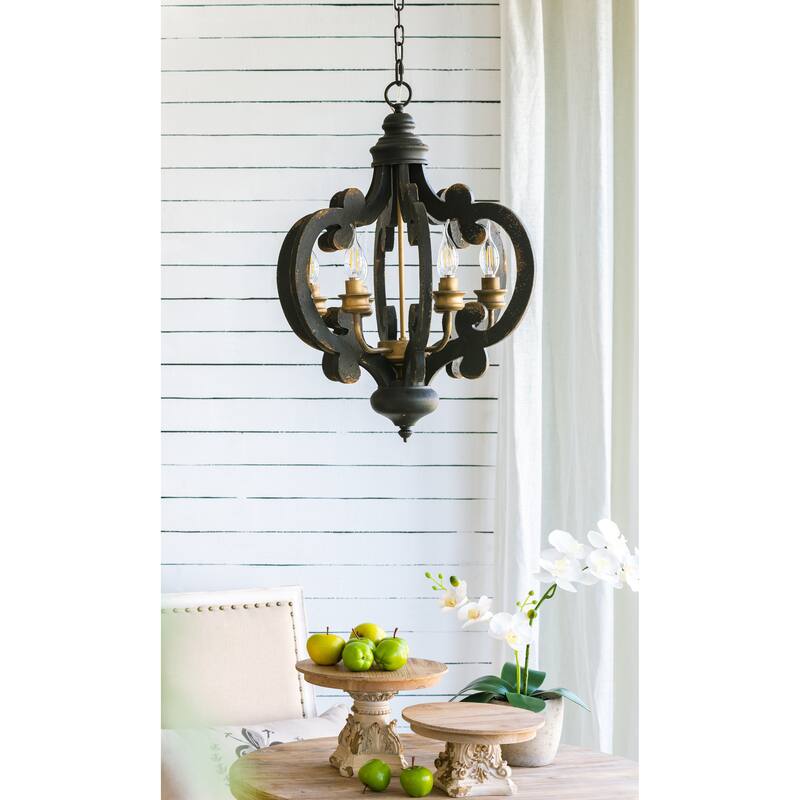 6-Light Wood Chandelier, Black Dining Room Light Fixture, Rustic Ceiling Lighting for Dining Room Kitchen Island Bedroom - Black