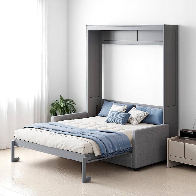 Full/Queen Size Murphy Bed Wall Bed with Sofa & Storage, Foldable Space-Saving Design with Cushion - Grey - Full