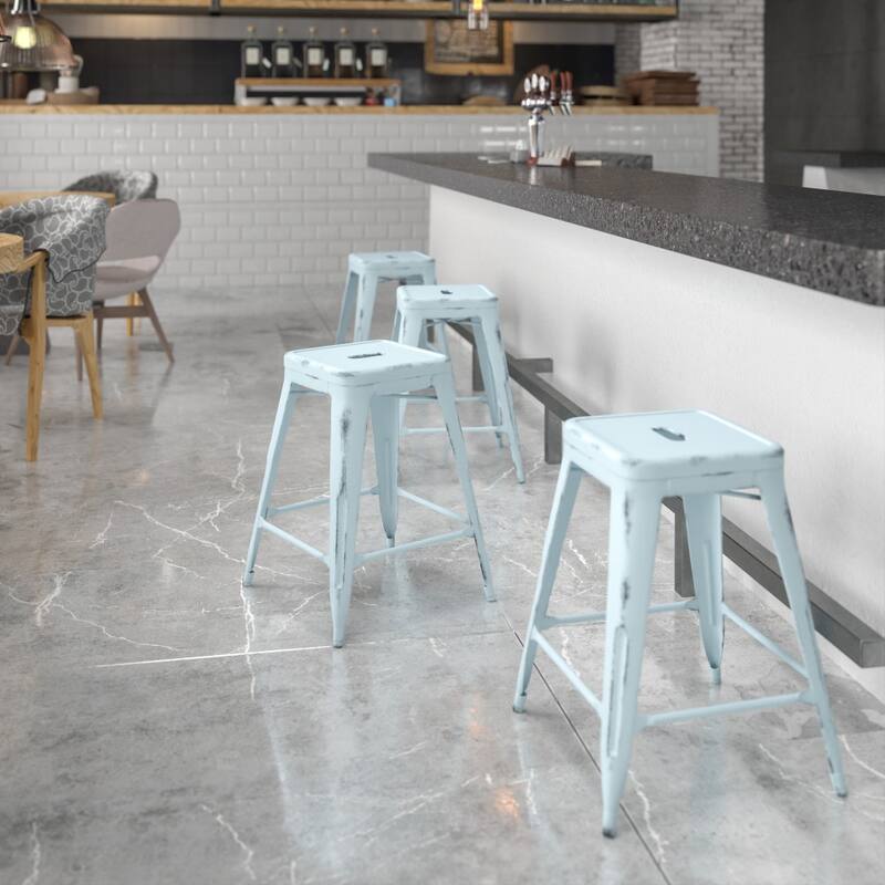 24" High Backless Distressed Metal Indoor-Outdoor Counter Height Stool - Green-Blue