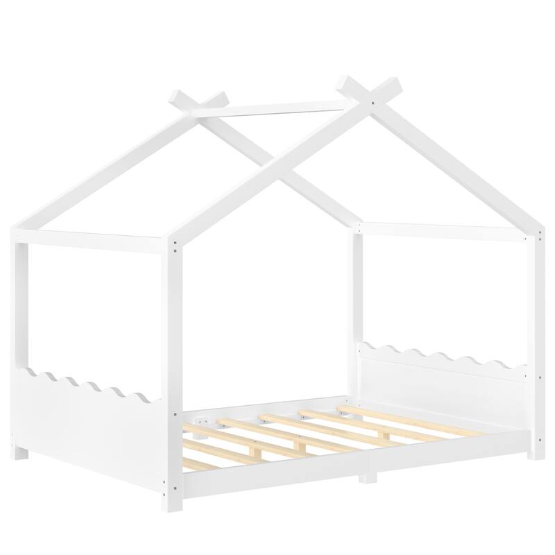 Queen/Full/Twin Solid Wood House Floor Bed, No Box Spring Needed