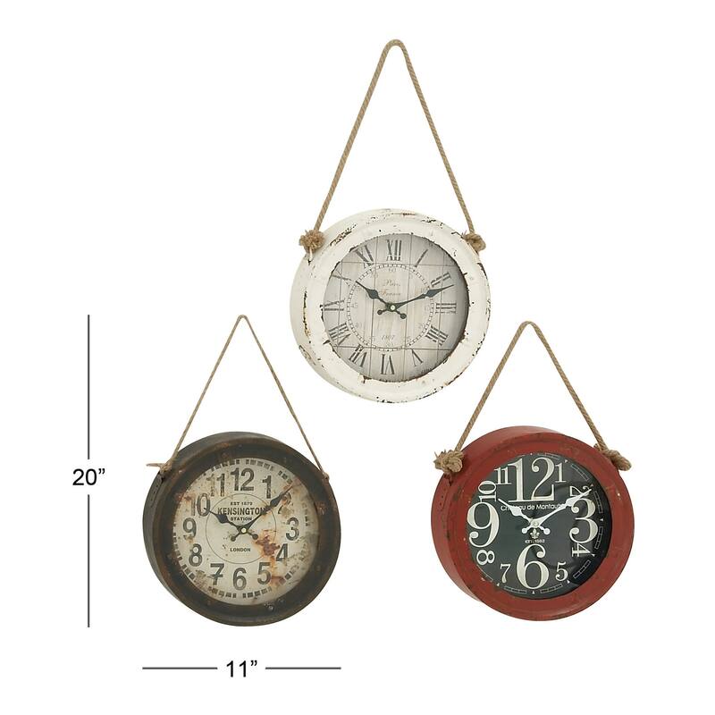 Metal Decorative Wall Clock with Rope accents - Set of 3 White - Roche River Decor