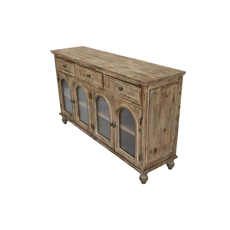 59.06"Farmhouse Sideboard Buffet Cabinet, Distressed Wood Credenza with 3 Drawers & 4 Glass Doors, Storage Cabinet with Shelves