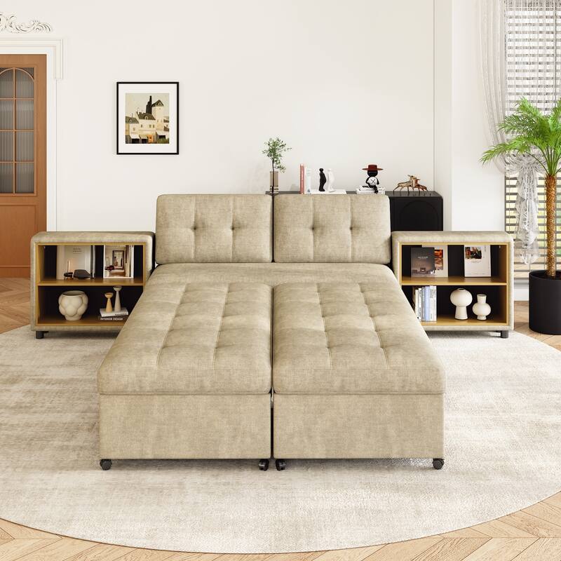 Modern Modular Sofa Bed with Built in Storage Racks and Chenille Upholstery and multiple wheels for Living Room