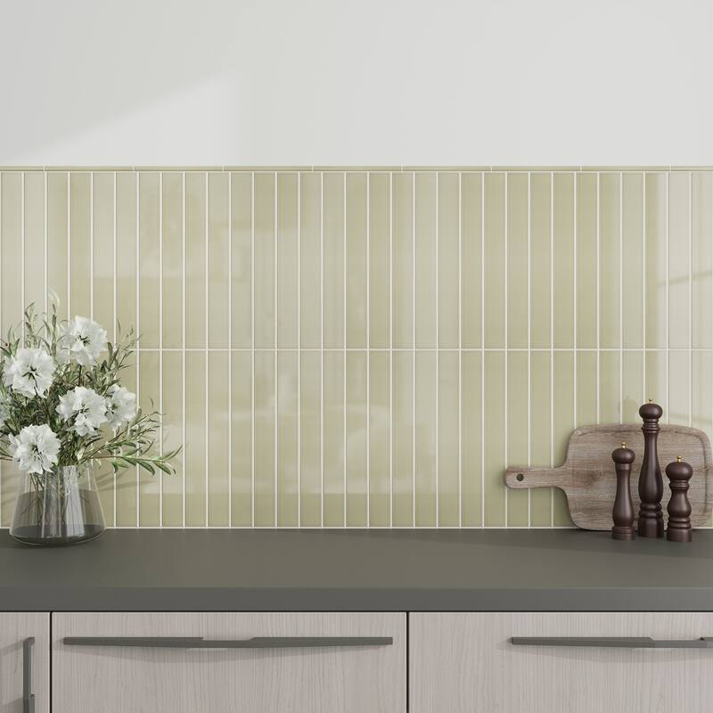 Apollo tile 0.5" x 8" Horizonte Glossy Soft Olive Ceramic Tile (0.27 sq ft/case) - 10 Pack