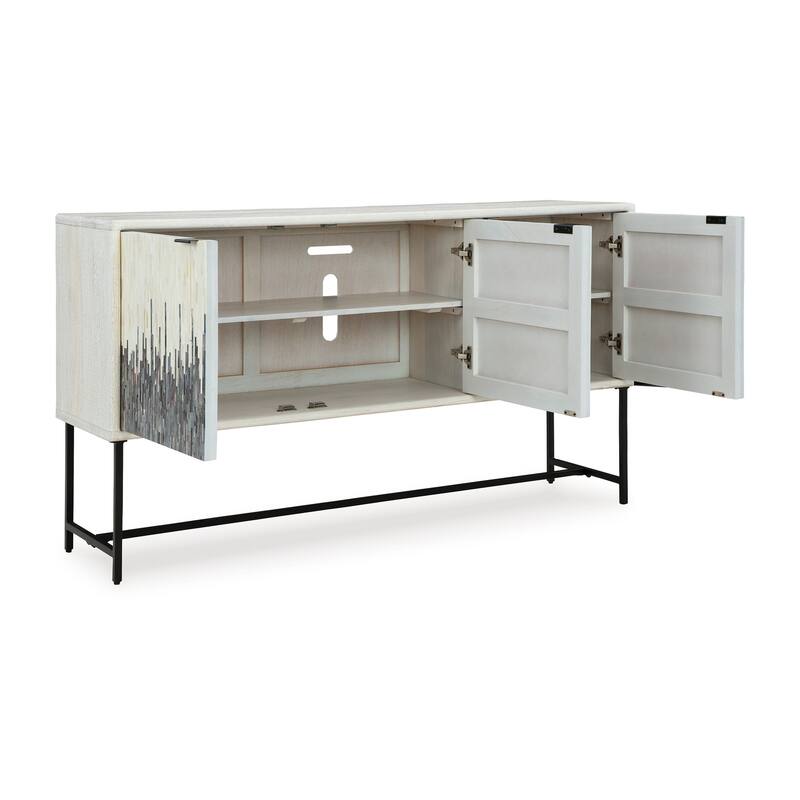 Sideboard Cabinet Console, Strip Pattern Wood, Black White 64 Inch