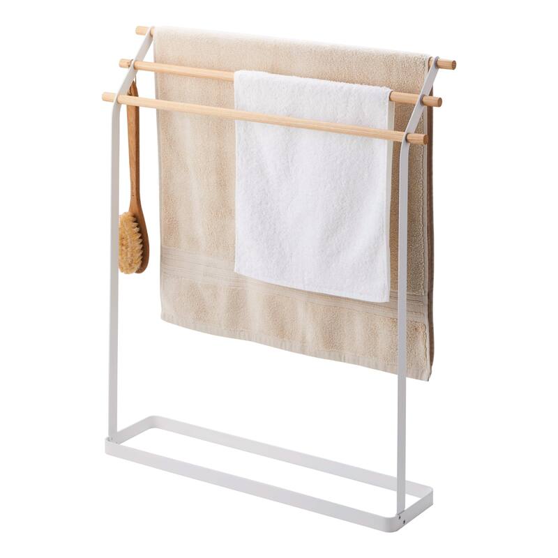 Yamazaki Home Bath Towel Rack, Steel and Wood, Holds towels up to 54" long, Holds 6.6 lbs - L 6.3 x W 28.35 x H 32.28 inches - White - L 6.3 x W 28.35 x H  32.28 inches