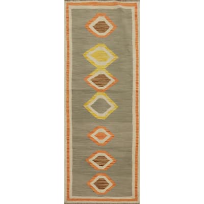 Hand Woven Oriental 100% Wool Carpet Southwestern Tribal Greys & Charcoal Kilim Runner Rug - 5' 8'' X 2' 0''