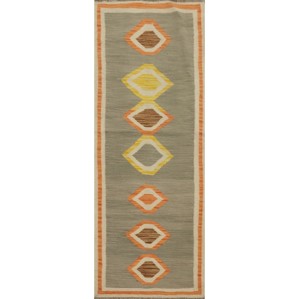 Hand Woven Oriental 100% Wool Carpet Southwestern Tribal Greys & Charcoal Kilim Runner Rug - 5' 8'' X 2' 0''