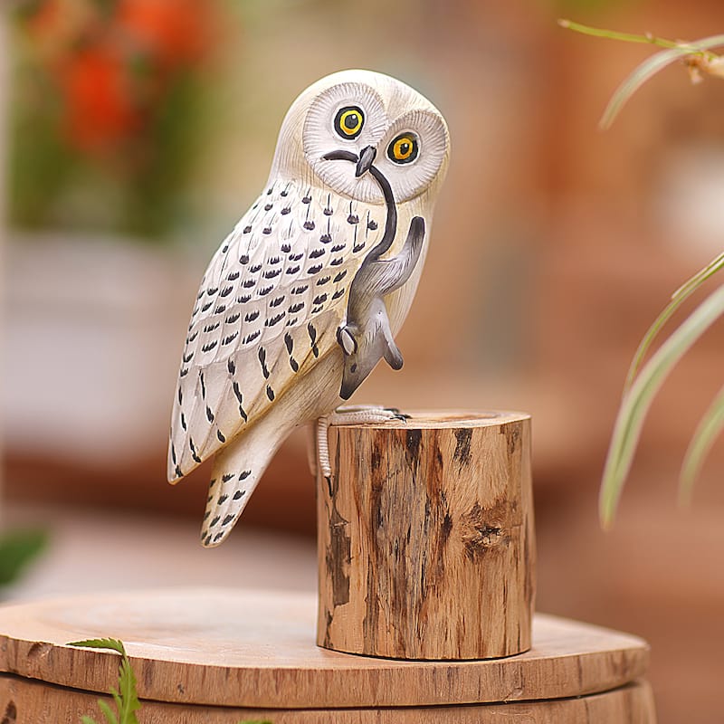 Novica Handmade Snow Owl Wood Statuette