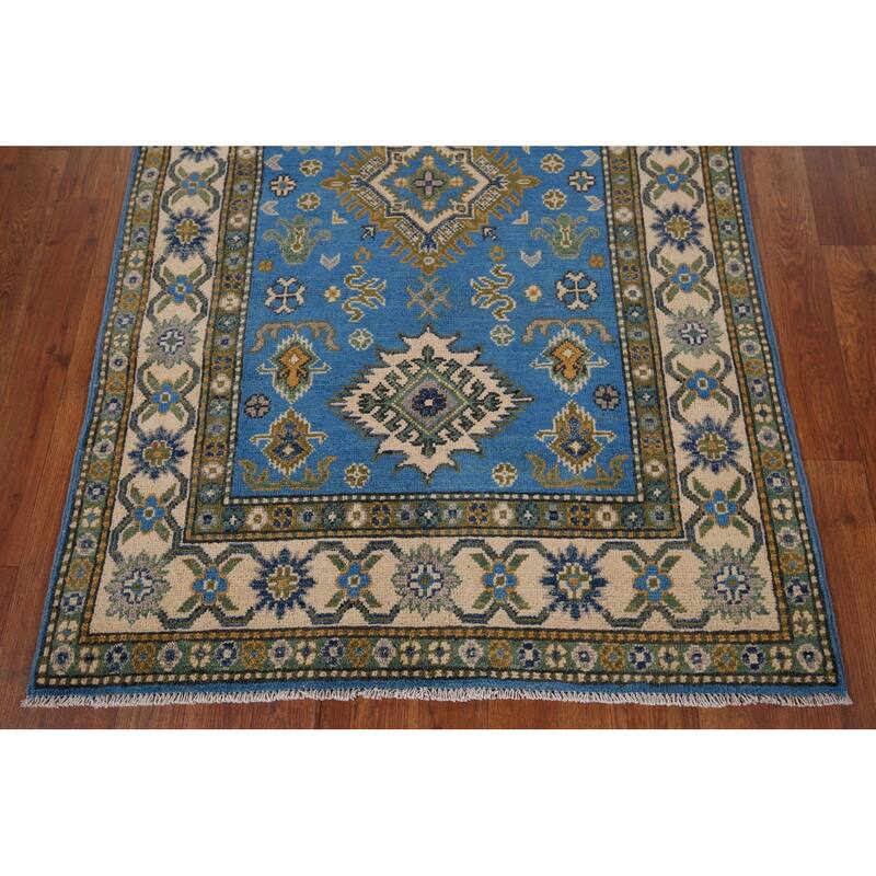 Blue Geometric Kazak Rug Handmade Oriental Wool Carpet - 3'4" x 5'0"