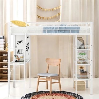 Twin Size Loft Metal Bed With Shelves, Desk And Whiteboard