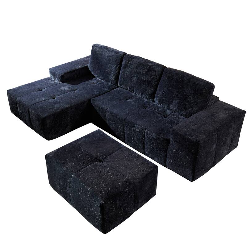 HOOOWOOO Modern Sparkly Velvet Fabric Chaise Sofa Couch with Ottoman