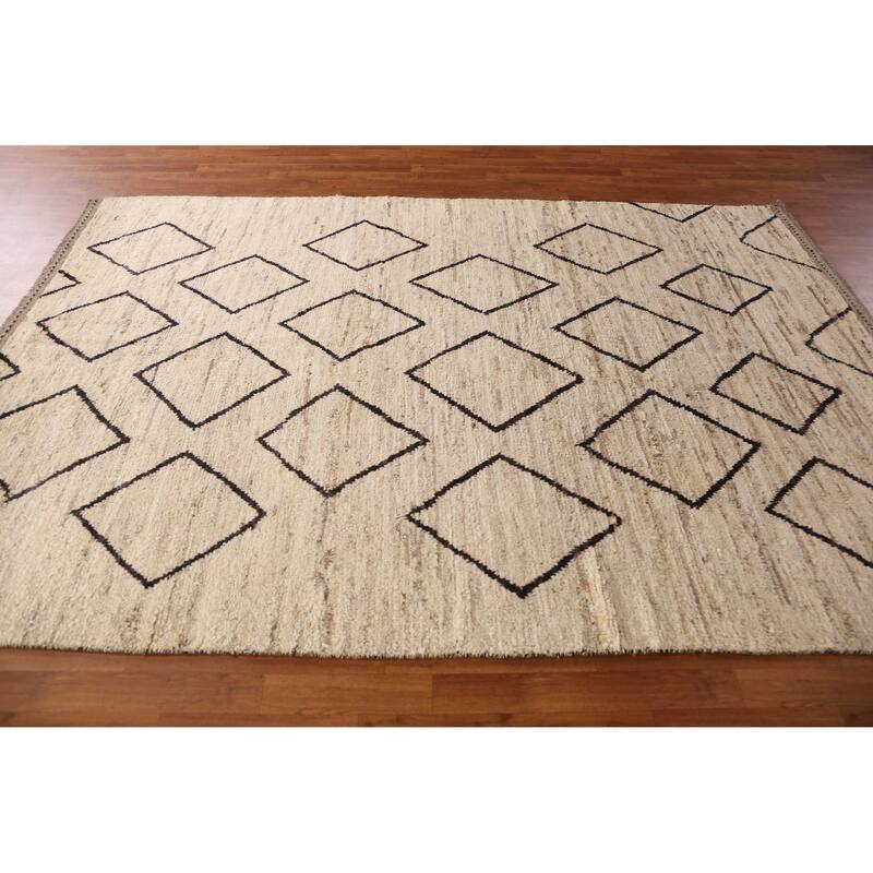 Geometric Moroccan Oriental Rug Hand-Knotted Beige Wool Carpet - 6'7" x 9'11"